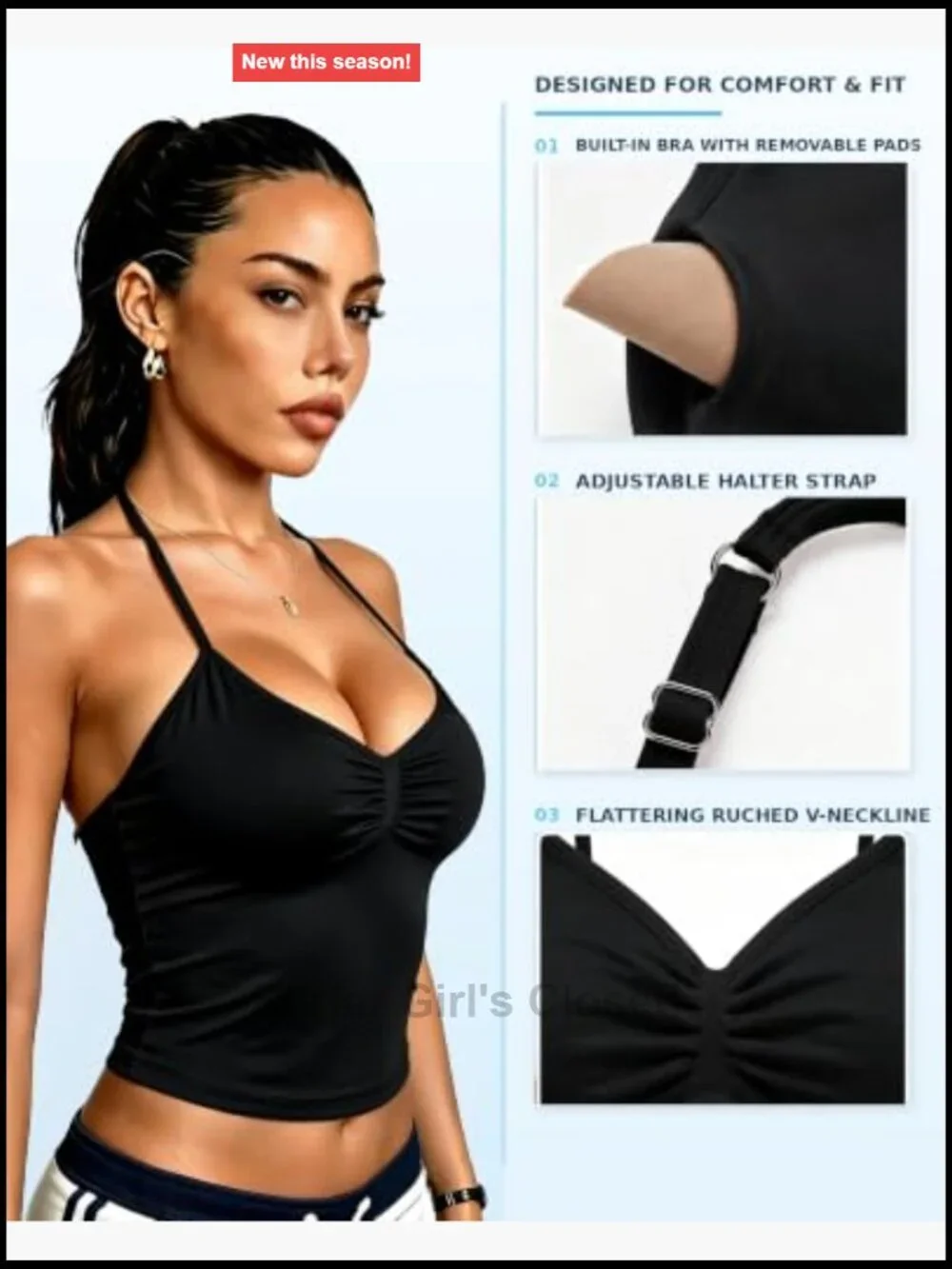 Women's Halter Crop Top with Built-in Bra, Backless Ruched Y2K Cami,